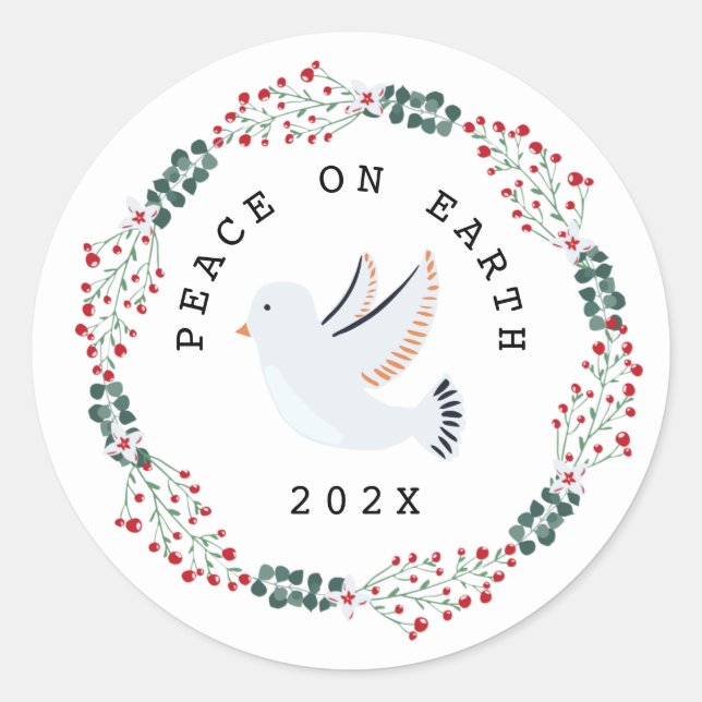 Peace on Earth Dove Modern Botanical Wreath Classic Round Sticker (Front)