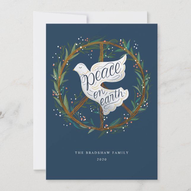 Peace on Earth Dove Peace Sign Wreath Non-Photo Holiday Card (Front)