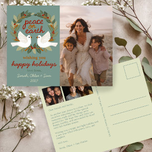 Peace on Earth Doves Christmas CUSTOM 3 PHOTO Holiday Postcard