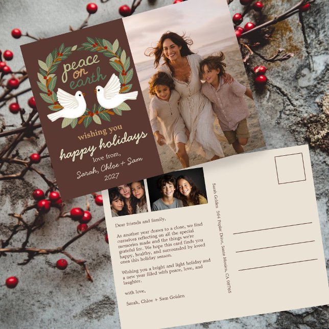 Peace on Earth Doves Christmas CUSTOM 3 PHOTO Holiday Postcard (Peace on Earth Doves Christmas CUSTOM 3 PHOTO Holiday Postcard
)