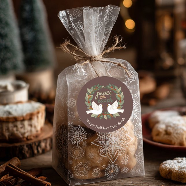 Peace on Earth Doves Christmas Holidays CUSTOM  Classic Round Sticker (Peace on Earth Doves Christmas Holidays CUSTOM Cute ELegant Classic Round Sticker
)