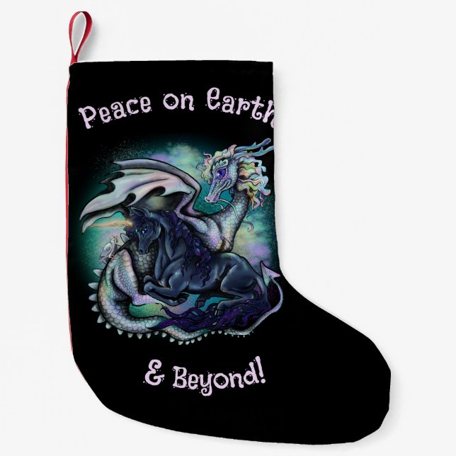 Peace on Earth Dragon and Unicorn Small Christmas Stocking (Front)