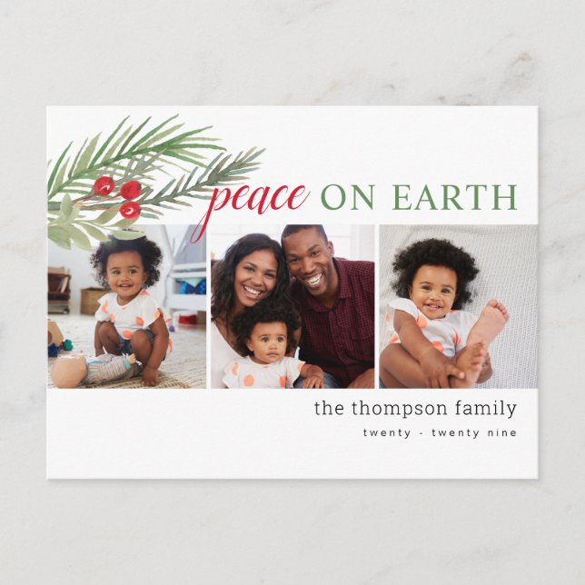 Peace on Earth Festive Christmas Greenery Photos Holiday Postcard (Front)