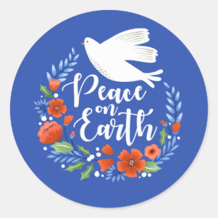 Peace on Earth Floral Christmas Script Classic Round Sticker