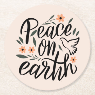 Peace on Earth Floral Design Round Paper Coaster