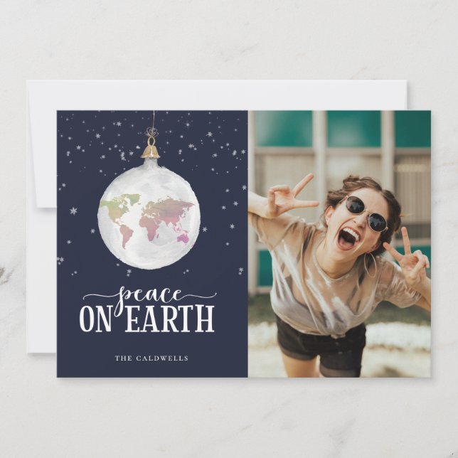 Peace on Earth Globe Ornament Blue Photo Holiday Card (Front)