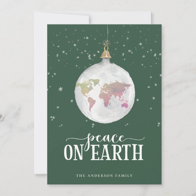 Peace on Earth Globe Ornament Green Holiday Card (Front)