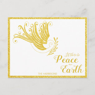 Peace on Earth Gold Dove White Christmas Holiday Postcard