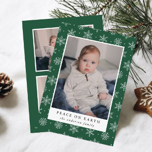 Peace On Earth Green Snowflake 3 Photo Holiday Card