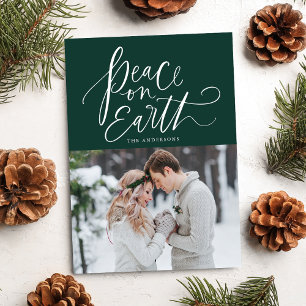 Peace On Earth Hand-Lettered Script Green Photo Holiday Card