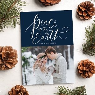 Peace On Earth Hand-Lettered Script Navy Photo Holiday Card
