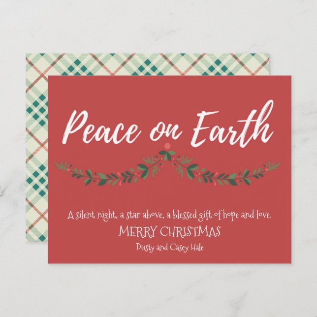 Peace on Earth Holly Red Plaid Holiday Card (Front/Back)