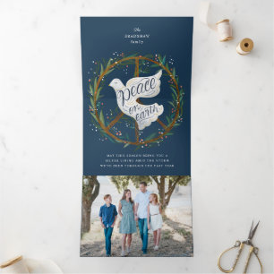 Peace on Earth Lettering Dove on Peace Sign Wreath Tri-Fold Announcement