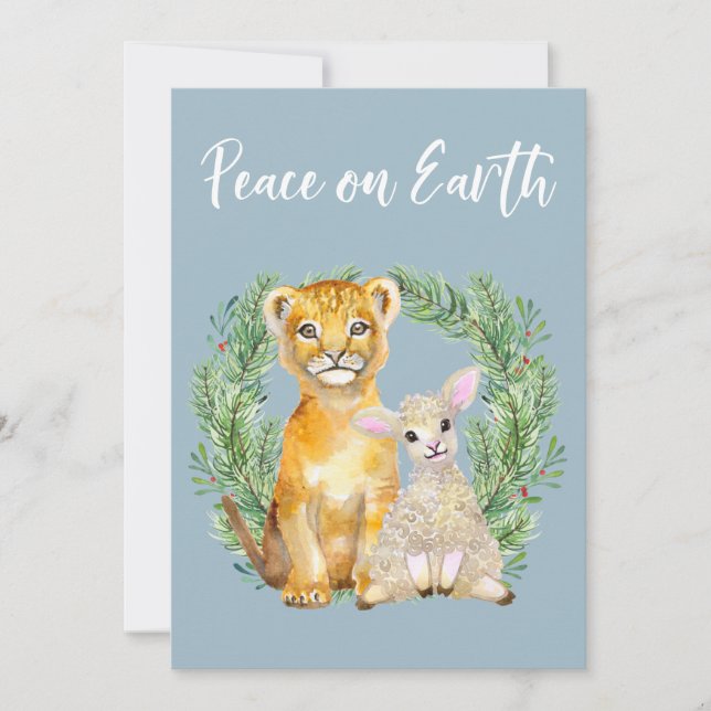 Peace on Earth Lion Lamb Cute Holiday Card (Front)