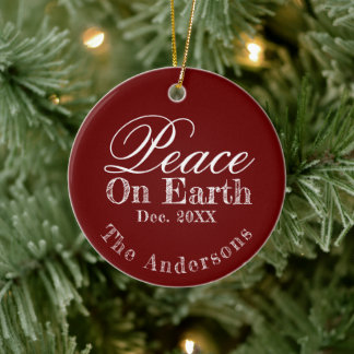 Peace On Earth Minimalist Script Christmas Red Ceramic Tree Decoration