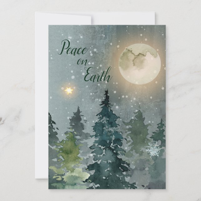 Peace on Earth Modern Watercolor Photo Christmas Holiday Card (Front)