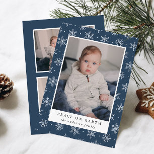 Peace On Earth Navy Snowflake 3 Photo Holiday Card