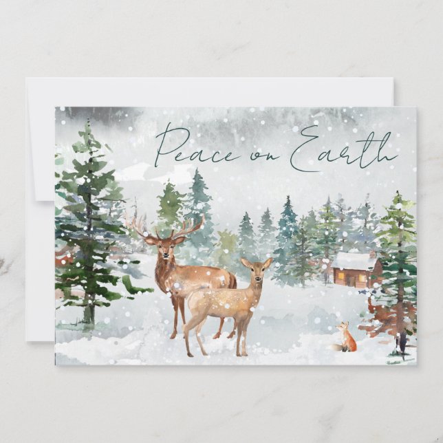 Peace On Earth Photo Snowy Forest Deer Scripture Holiday Card (Front)