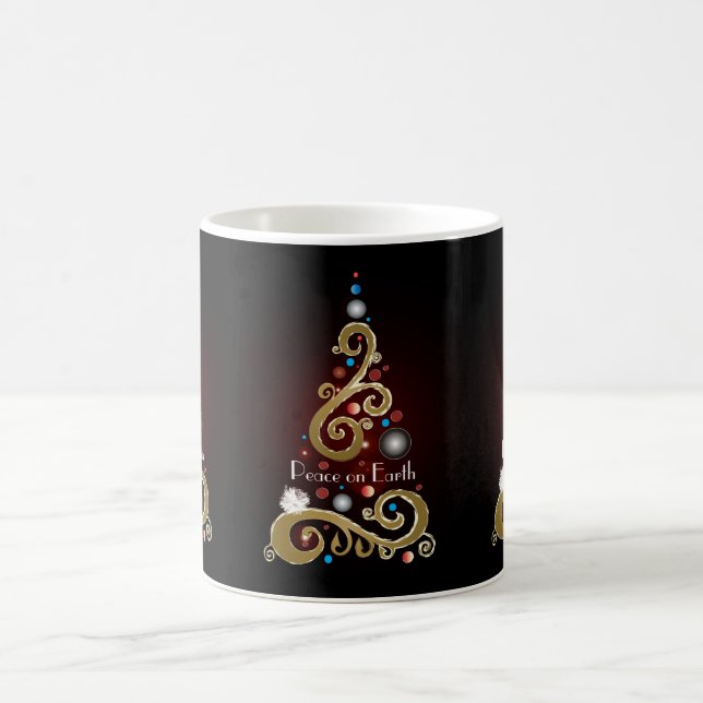 Peace on Earth quote with gold Christmas tree Coffee Mug (Center)