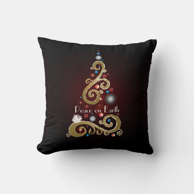 Peace on Earth quote with gold Christmas tree Cushion (Front)