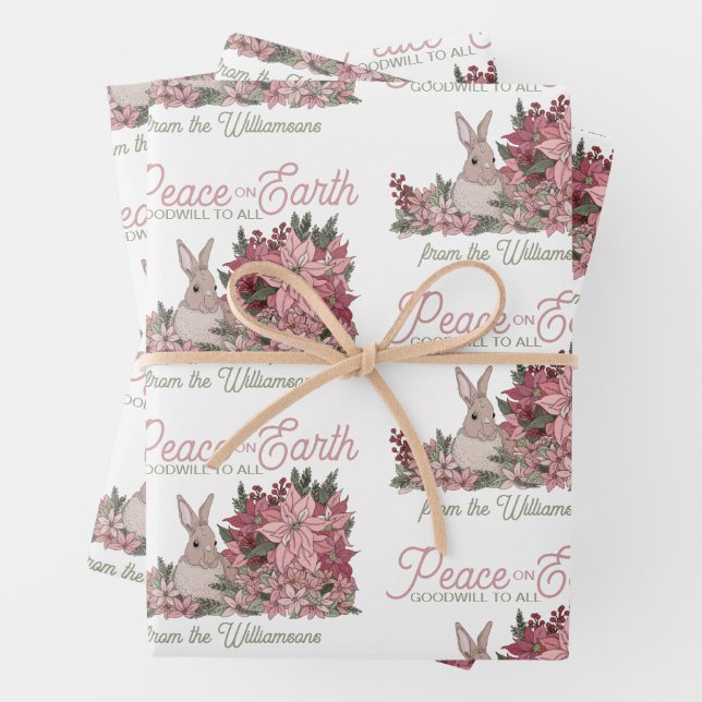 Peace on Earth Rabbit in Flowers Christmas Wrapping Paper Sheet (In situ)
