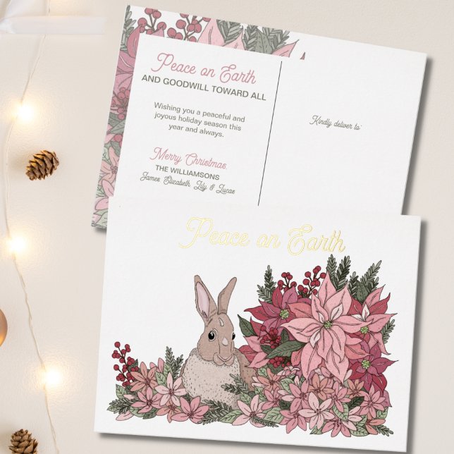 Peace on Earth Rabbit in Poinsettias Christmas Foil Holiday Postcard (Creator Uploaded)