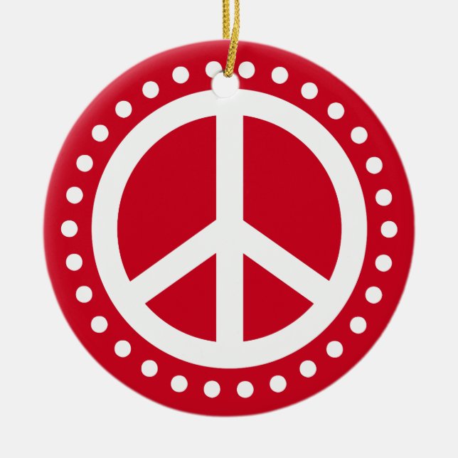 Peace on Earth Red and White Polka Dot Ceramic Tree Decoration (Front)