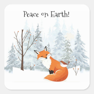 Peace on Earth Red Fox Bird Winter Forest Trees Square Sticker