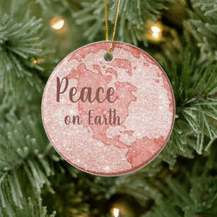 Peace on Earth Rose Gold Glitter Pink Christmas Ceramic Tree Decoration