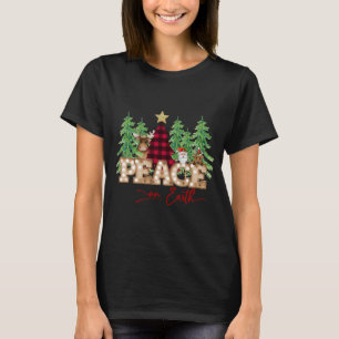 Peace on Earth Santa Reindeer Buffalo Plaid Tree C T-Shirt