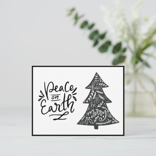 Peace on Earth Script Black White Holiday Postcard (Standing Front)