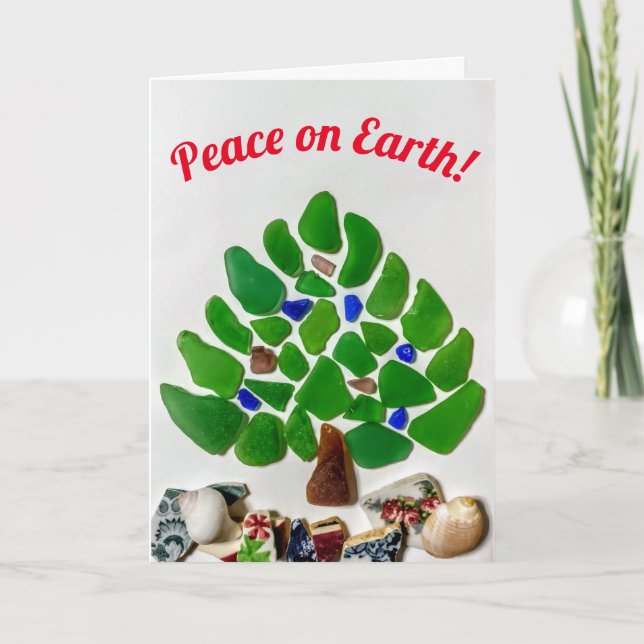 Peace on Earth Sea Glass Christmas Tree Holiday Card (Front)