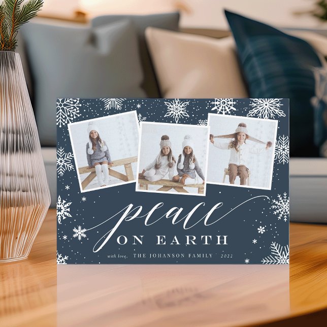 Peace on Earth | Snowflake 3 Photo Collage Holiday Card (Creator Uploaded)