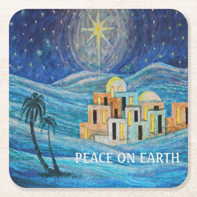 Peace on Earth Star of Bethlehem Hanukkah  Square Paper Coaster (Front)