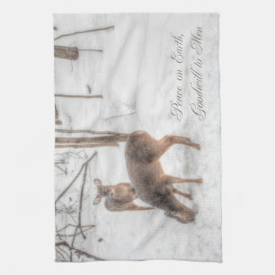 Peace on Earth - Two Deer In Snowy Woods Tea Towel