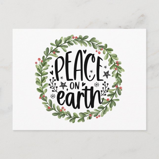 Peace on Earth Watercolor Wreath Holiday Postcard (Front)