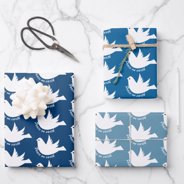 Peace on Earth white dove blue Christmas Wrapping Paper Sheet (Front)