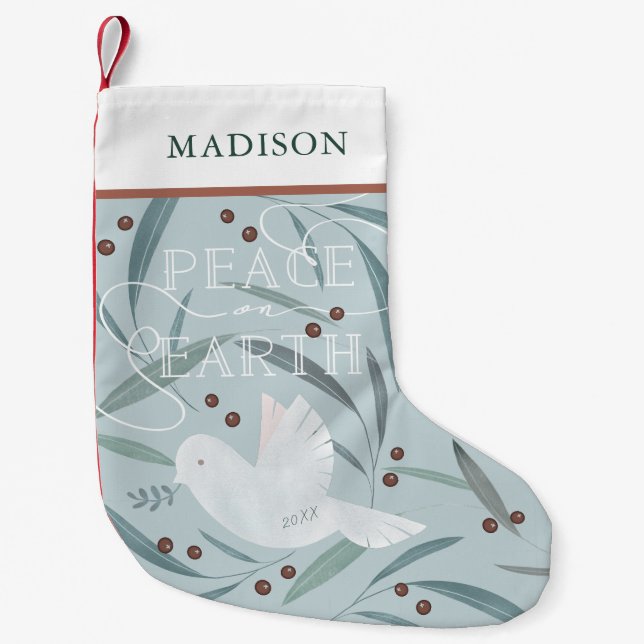 Peace on Earth White Dove Light Blue Holiday Small Christmas Stocking (Front)