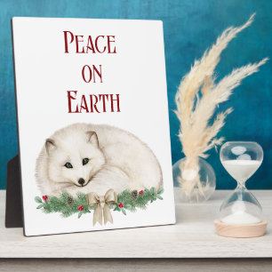 Peace on Earth White Fox Holiday Tabletop Plaque