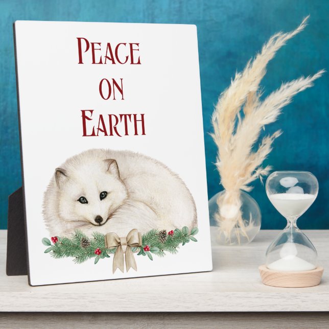 Peace on Earth White Fox Holiday Tabletop Plaque (Side)