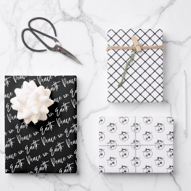 Peace on Earth Winter Black Pattern Wrapping Paper Sheet (Front)