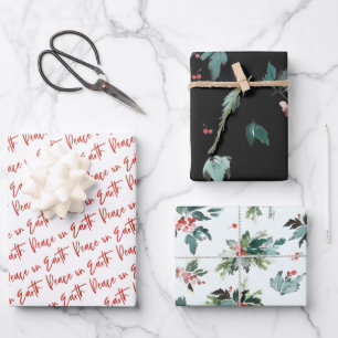 Peace on Earth Winter Botanical Berry Patterns Wrapping Paper Sheet
