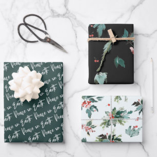 Peace on Earth Winter Botanical Berry Patterns Wrapping Paper Sheet