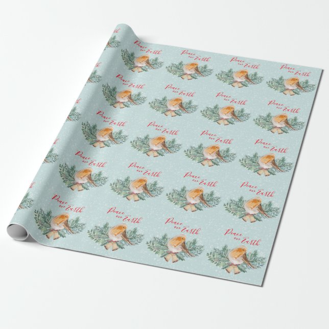 Peace on Earth Winter Robin Christian Christmas Wrapping Paper (Unrolled)