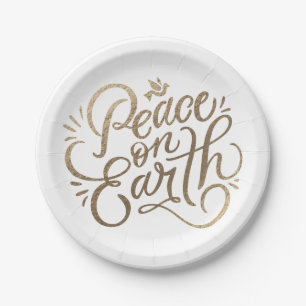 Peace on Earth with dove faux-gold modern script Paper Plate