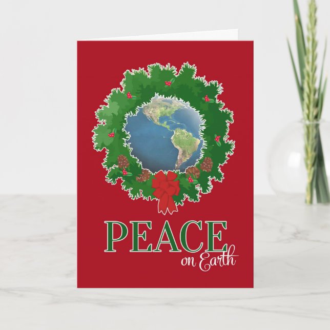 Peace on Earth Wreath with globe Holiday Card (Front)