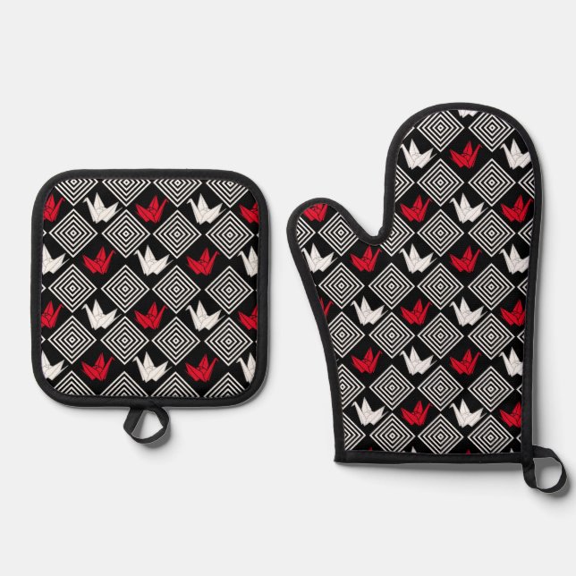 Peace Orizuru Pattern Oven Mitt & Pot Holder Set (Front)