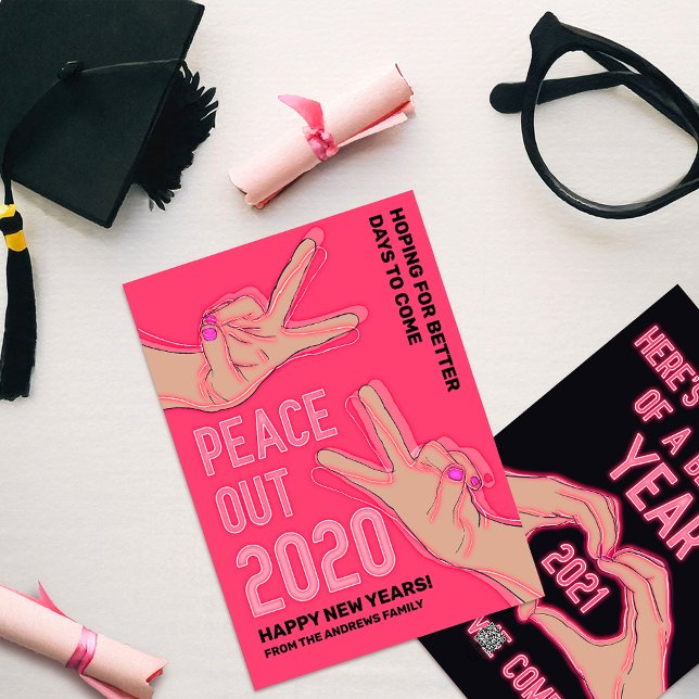 Peace Out 2020 Pink Neon Lights Happy New Years Holiday Card (Creator Uploaded)