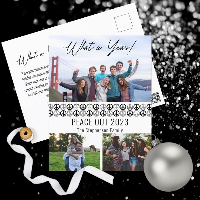 Peace Out 2021 What A Year 3 Photo Collage - BW Holiday Postcard (Simple minimalist peace signs "Peace Out 2023" "What a Year!" black and white photo holiday postcard)