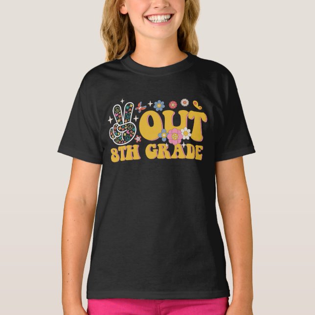 Peace Out 8th Grade Groovy Last Day Of School T-Shirt (Front)